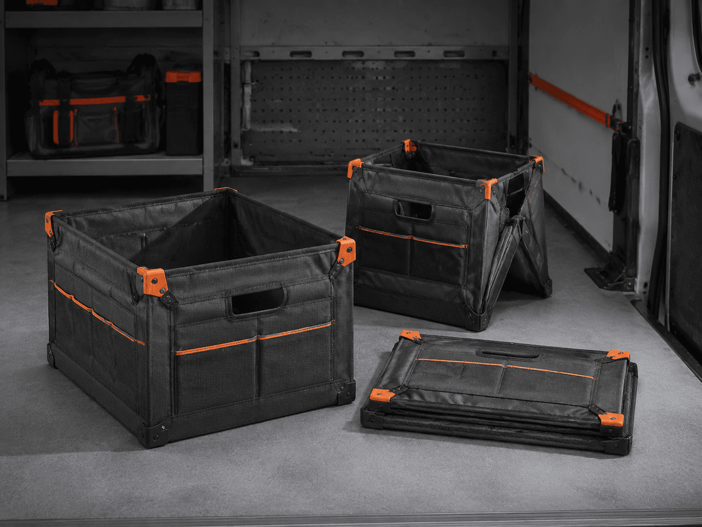 Collapsible Storage Crate 3-Pack shown as an unbranded no-drill van storage product
