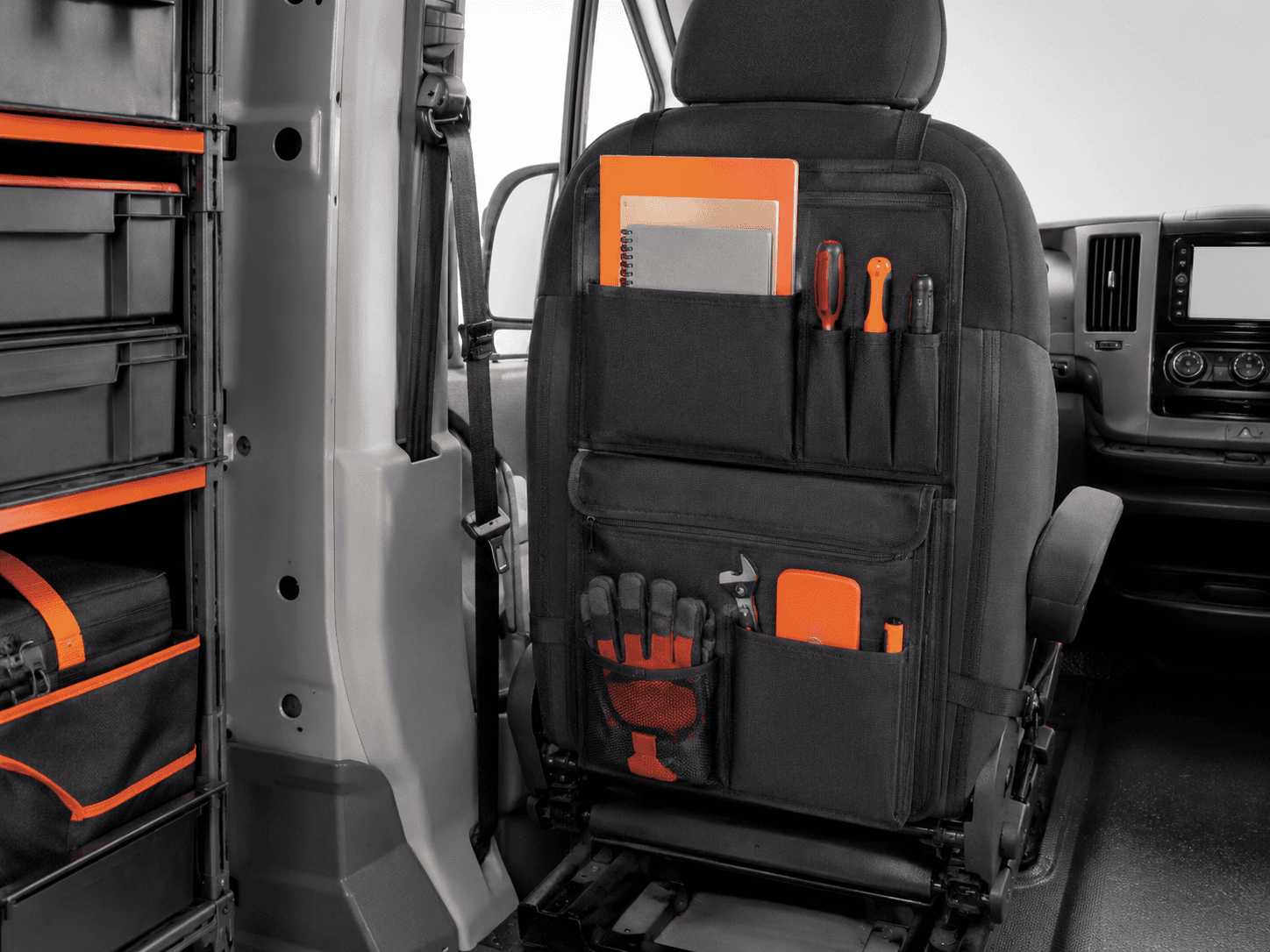 Seat-Back Organiser shown as an unbranded no-drill van storage product