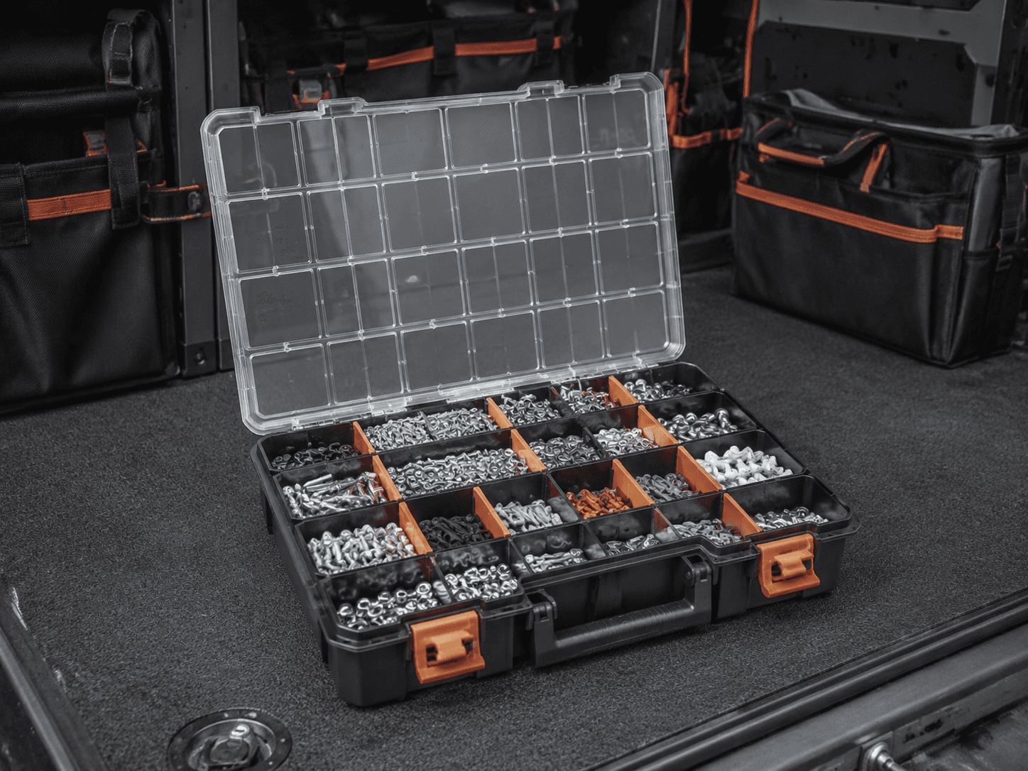 Small Parts Organiser Box shown as an unbranded no-drill van storage product